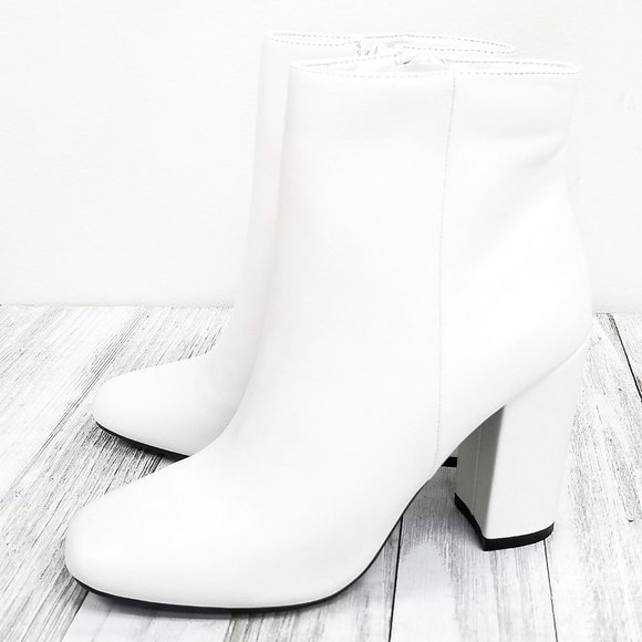 New White Chunky Heel Square Toe Bootie Ankle Boot - Picture 5 of 6